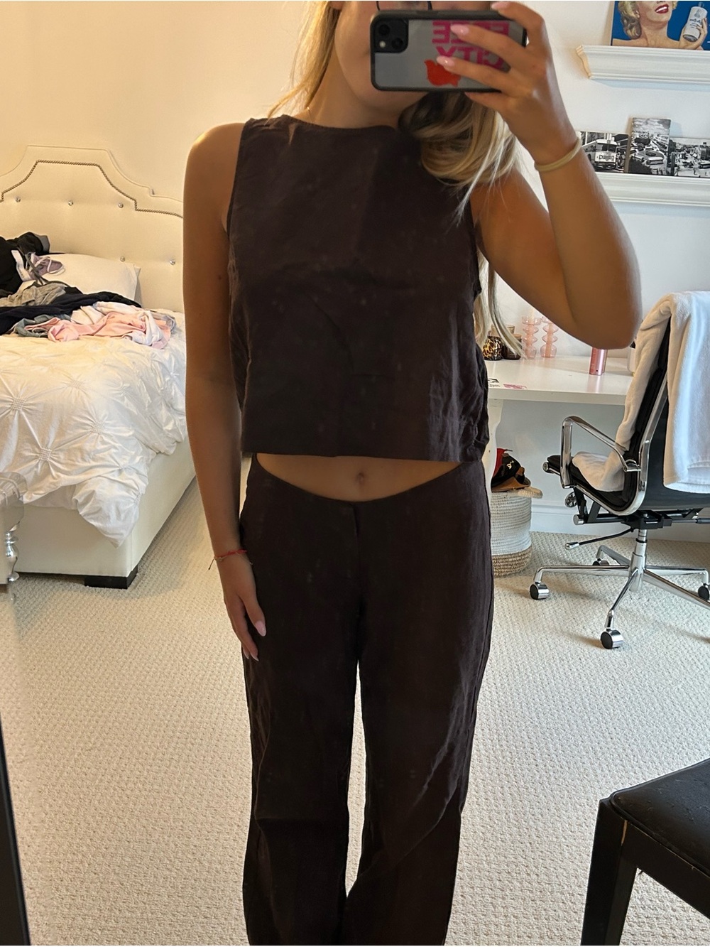 Dark Brown Sleeveless Crop Top & Wide-Leg Pants Set linen